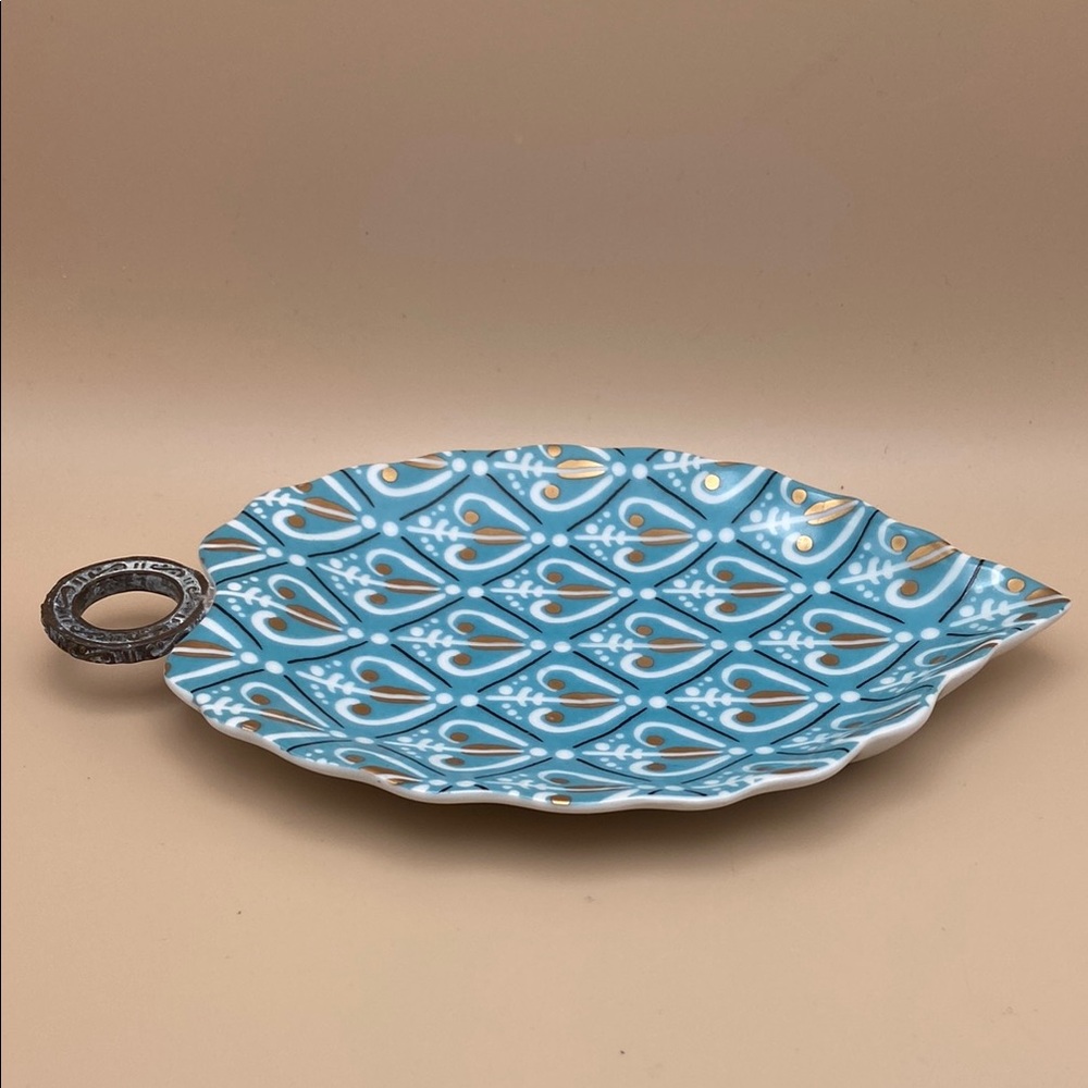 Anthropologie  Jewelry Trinket Dish Leaf Blue and Gold with brass handle